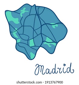Cartoon colored flat map of the center of Madrid. Funny cute European Spanish city map. Vector illustration