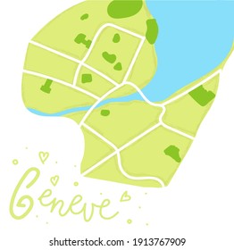 Cartoon colored flat map of the center of  Geneve. the land is green. White mail streets. Funny cute European Switzerland city map. Vector illustration