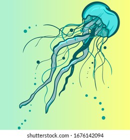 cartoon colored floating jellyfish surrounded by bubbles for illustrations and covers