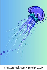 cartoon colored floating jellyfish surrounded by bubbles for illustrations and covers