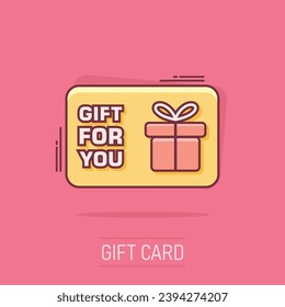 Cartoon colored gift card icon in comic style. Gift voucher present illustration pictogram. Discount coupon sign splash business concept.