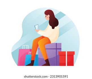 Cartoon colored girl shopping online via mobile. Big sales and discounts. Purchase of goods via internet. Shopaholic people and e commerce. Vector illustration