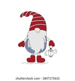 Cartoon colored gnome with a flashlight isolated on white background. Vector illustration