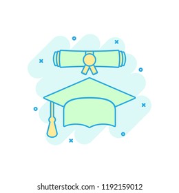 Cartoon colored graduation cap and diploma scroll icon in comic style. Education illustration pictogram. Celebration sign splash business concept.