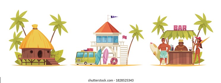 Cartoon and colored hawaii icon set with different bungalow and bar counter vector illustration