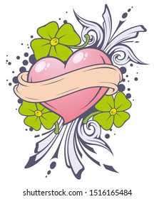 Cartoon colored heart in flowers on a white background
