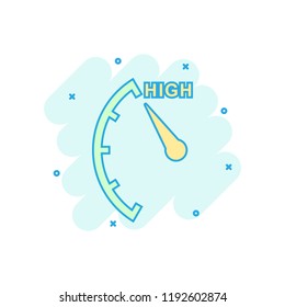 Cartoon colored high level icon in comic style. Speedometer, tachometer illustration pictogram. High level sign splash business concept.