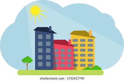 Cartoon colored houses with shadows and trees against the backdrop of the shining sun. Decorative toy houses. Vector illustration of cartoon houses. Vector.