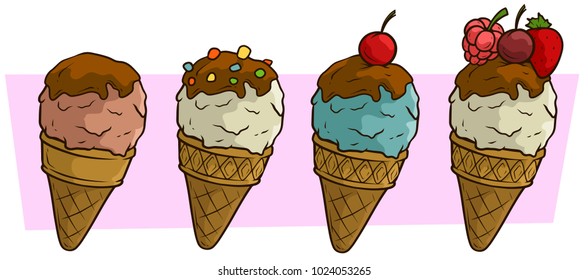 Cartoon colored ice cream balls with chocolate and fruits in waffle cone. Vector icon set.