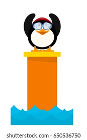 Cartoon colored illustration of a young penguin jumper in the water from a tower. A little penguin child in competitions before jumping. Vector illustration