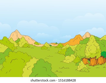 
Cartoon colored landscape of forest on ones mountains and blue sky