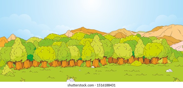 
Cartoon colored landscape of forest on ones mountains and blue sky