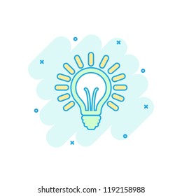 Cartoon colored light bulb icon in comic style. Lighting electric illustration pictogram. Idea lightbulb sign splash business concept.