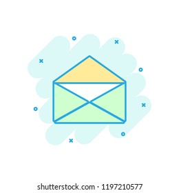 Cartoon colored mail envelope icon in comic style. Envelope illustration pictogram. Mail sign splash business concept.