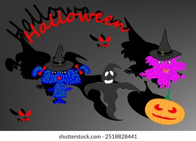 Cartoon colored monsters with black shadows. A ghost and an orange pumpkin with eyes. The Halloween holiday. Colorful monsters with different emotions. Postcard, flyer, banner, sticker. Shadow vector.