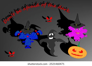 Cartoon colored monsters with black shadows. A ghost and an orange pumpkin with eyes. The Halloween holiday. Colorful monsters with different emotions. Postcard, flyer, banner, sticker. Shadow vector.