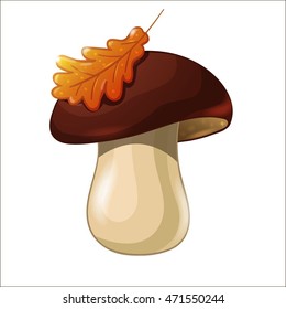 Cartoon colored mushroom isolated on white background. Porcini with oak leaf. Vector illustration. EPS 10. 