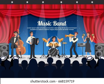 Cartoon Colored Musician Illustration With Music Band Performs On Stage In Front Of A Crowd Vector Illustration