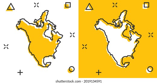 Cartoon colored North America map icon in comic style. North America sign illustration pictogram. Country geography splash business concept.