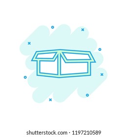 Cartoon colored open box icon in comic style. Shipping pack illustration pictogram. Delivery pack sign splash business concept.