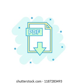 Cartoon colored PDF icon in comic style. Pdf document sign illustration pictogram. File format splash business concept.