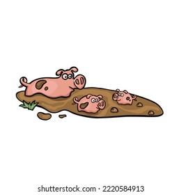 cartoon colored pig with piglets in the mud vector