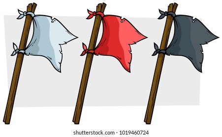 Cartoon colored pirate waved flags on wooden stick. Vector icon set.