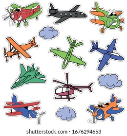 cartoon colored planes, fighter, helicopter, clouds, planes with eyes, for children. stickers with a cutting outline, on a white isolated background