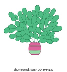 Cartoon colored plant with long branches and small leaves. Small striped pot. Vector illustration isolated on white background.