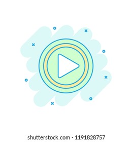 Cartoon colored play button icon in comic style. Play sign illustration pictogram. Click splash business concept.