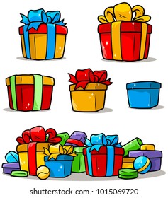 Cartoon colored presents and different gift boxes with ribbons isolated on white background. Vector icons set.