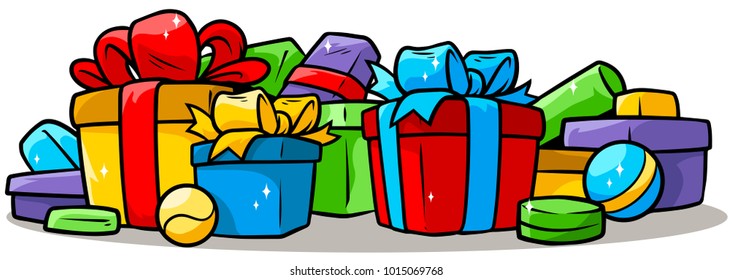 Cartoon colored presents and gift boxes with ribbons isolated on white background. Vector icons set.