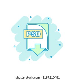 Cartoon colored PSD file icon in comic style. Psd download illustration pictogram. Document splash business concept.