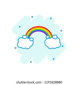 Cartoon colored rainbow with clouds icon in comic style. Weather illustration pictogram. Rainbow sign splash business concept.