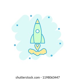 Cartoon colored rocket icon in comic style. Space shuttle illustration pictogram. Rocket sign splash business concept.
