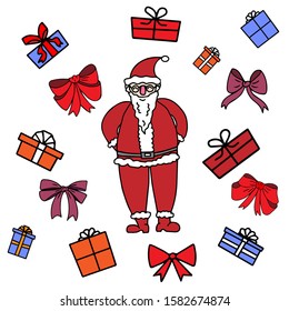 Cartoon colored Santa Clause with many multicolor gift boxes around him on a white background. For Christmas greeting Cards and invitations. Hand drawn doodle vector illustration. EPS 10