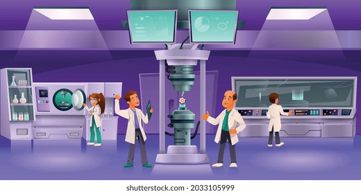 Cartoon colored scientists composition employees conduct experiments and monitor correctness of experiments vector illustration
