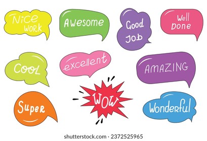 Cartoon colored speech bubble with handwritten short phrases wow, nice, good job, cool, excellent, wonderful. Communication concept. Speak balloon. Colored cloud. Colored cloud with text.