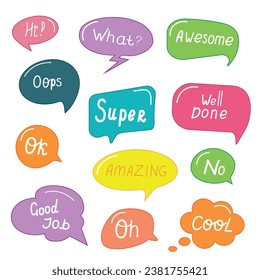 Cartoon colored speech bubble with handwritten short phrases no, oh, good job, ok, super, awesome. Communication concept. Speak balloon. Colored cloud. Colored cloud with text.