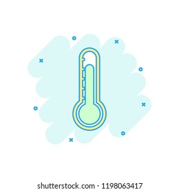 Cartoon colored thermometer icon in comic style. Goal illustration pictogram. Thermometer sign splash business concept.