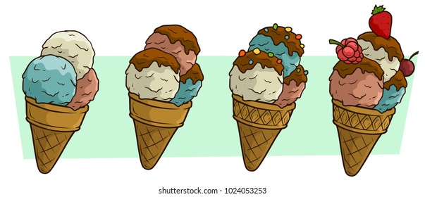 Cartoon colored three ice cream balls with chocolate and fruits in waffle cone. Vector icon set.