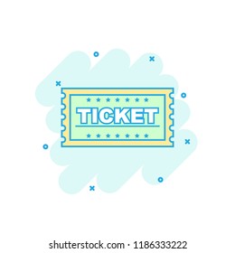 Cartoon colored ticket icon in comic style. Admit one sign illustration pictogram. Ticket splash business concept.