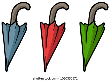 Cartoon colored umbrella on white background. Vector icon set.