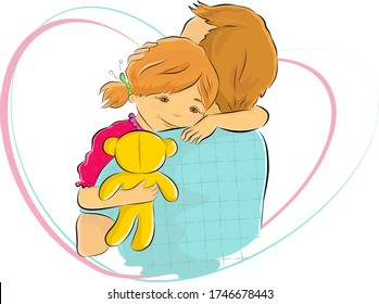 Cartoon colored vector illustration of a baby girl holding her teddy bear and hugging her father with a deep love. Happy Father's Day