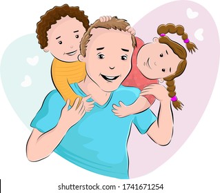 Dibujo vectorial de dibujos animados de una niña y un niño abrazando el cuello de su padre y mostrando su profundo amor hacia su padre. Feliz Día del Padre