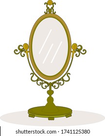 Ilustración vectorial de color caricatura de un espejo antiguo de forma ovalada dorado