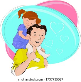 Dibujo vectorial de color caricatura de una niña muy linda sentada en los hombros de su padre y mostrando su profundo amor hacia su padre. Feliz Día del Padre