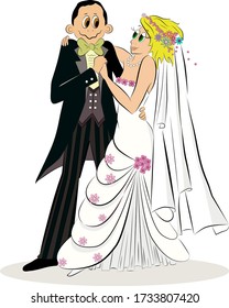 Cartoon colored vector illustration of a wedding couple, bride and a groom hugging each other eye to eye on their wedding day
 
