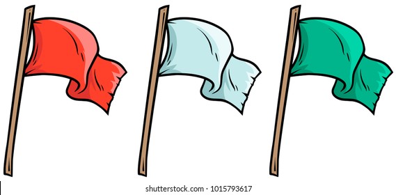 Cartoon colored waved flags on wooden stick. Vector icon set.