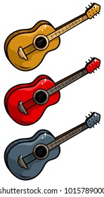 Cartoon colored wooden acoustic guitar isolated on white background. Vector icons set.
